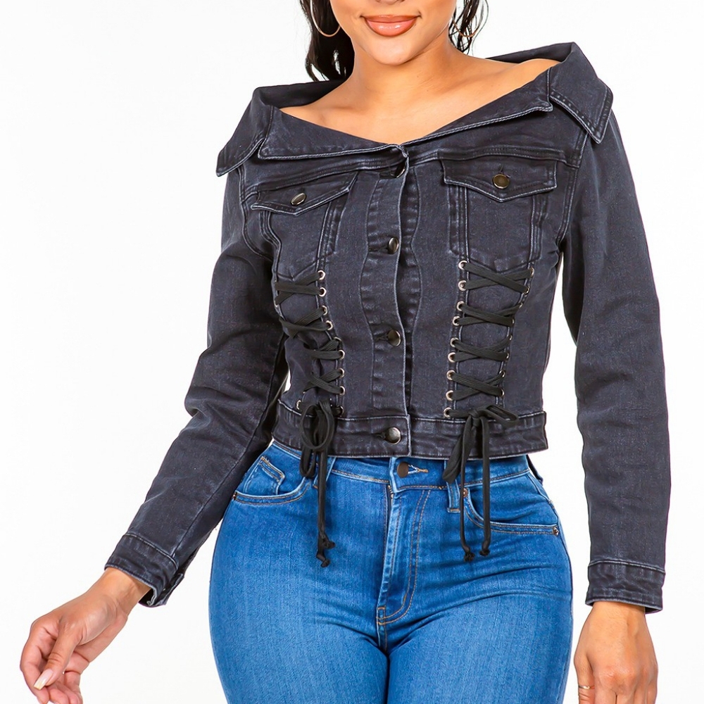 American Bazi Off Shoulder Lace Up Denim Jacket
